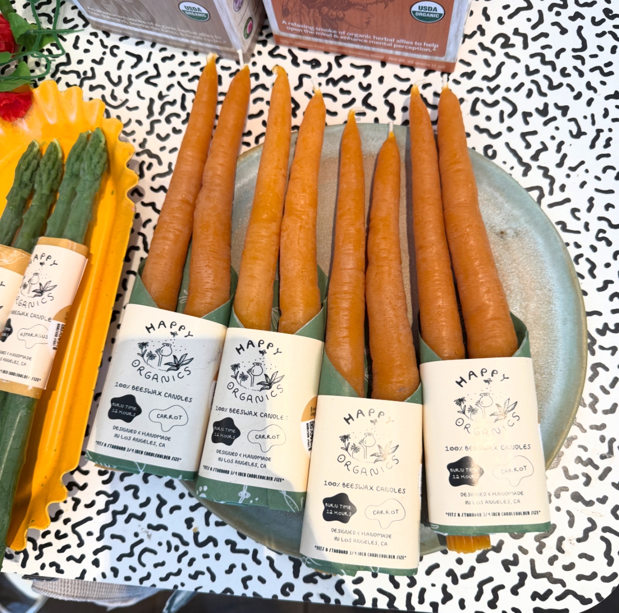 candles shaped like carrot and asparagus