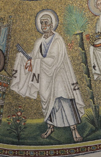 mosaic of a white haired and bearded man dressed in a white tunic and mantle holding two large silver keys